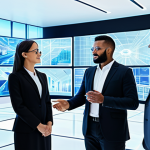 A diverse group of professional adults, fully clothed in modern, modest business attire, gathered in a bright, futuristic metaverse space. They are interacting with translucent holographic screens displaying complex digital assets and collaborative project interfaces. The environment features elegant, abstract architecture, symbolizing innovation and the decentralized economy. Perfect anatomy, correct proportions, well-formed hands, natural body proportions, natural pose, professional photography, high quality, safe for work, appropriate content, professional.