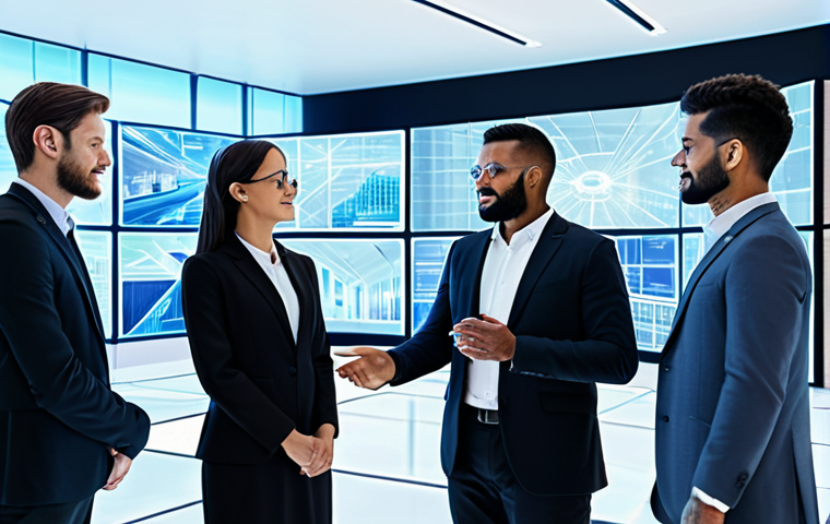 A diverse group of professional adults, fully clothed in modern, modest business attire, gathered in a bright, futuristic metaverse space. They are interacting with translucent holographic screens displaying complex digital assets and collaborative project interfaces. The environment features elegant, abstract architecture, symbolizing innovation and the decentralized economy. Perfect anatomy, correct proportions, well-formed hands, natural body proportions, natural pose, professional photography, high quality, safe for work, appropriate content, professional.