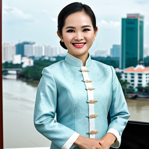 Home 30 **
A professional Vietnamese businesswoman in a tailored áo dài (traditional Vietnamese dress), standing in a modern Ho Chi Minh City office with a view of the Saigon River. She is fully clothed, in appropriate attire, and smiling confidently. Safe for work, perfect anatomy, natural proportions, professional portrait, high quality, modest.
**