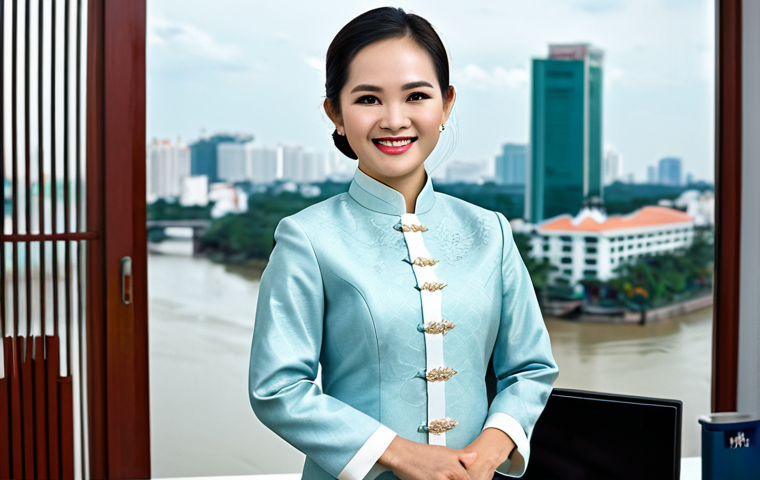 **

A professional Vietnamese businesswoman in a tailored áo dài (traditional Vietnamese dress), standing in a modern Ho Chi Minh City office with a view of the Saigon River. She is fully clothed, in appropriate attire, and smiling confidently. Safe for work, perfect anatomy, natural proportions, professional portrait, high quality, modest.

**
