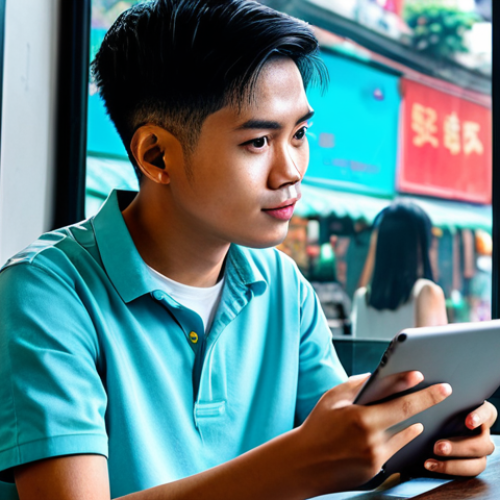 Home 29 **Image Prompt:** "A young Vietnamese digital artist, fully clothed in modern street style, showcasing their NFT art on a tablet in a vibrant Hanoi coffee shop, appropriate content, safe for work, professional digital art, perfect anatomy, natural proportions, colorful."